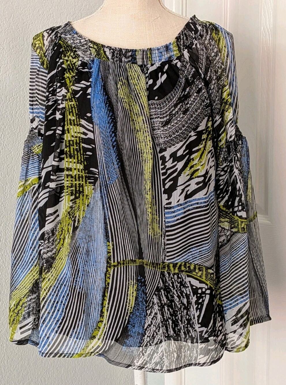 Vtg Alberto Makali Top Renfair Sleeve Smocked Abstract Colorful Forest Fairy L